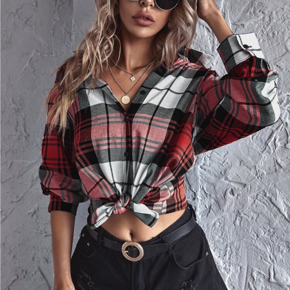Elegant Plaid Check Button Up Boyfriend Shirt Top Blouse - Picture 17 of 17
